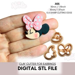 May include: A Minnie Mouse-shaped clay cutter for earrings, featuring a pink bow with blue polka dots, black ears, and a smiling face. The cutter is 1.18 inches (30mm) and 1.37 inches (35mm) in size, with a 0.4 sharp cutting edge. The image also includes the text "DIGITAL STL FILE".