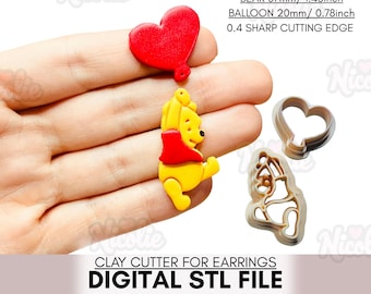 STL Digital File - Valentine Honey Bear Balloon Heart Polymer Clay Earrings Cutter