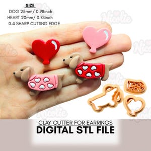 Könnte beinhalten: Ton-Ausstecher für Ohrringe, darunter ein rotes Herz, ein rosa Herz und Dackel. Die Dackel tragen Jacken mit Herzmustern. Der Text auf dem Bild lautet "CLAY CUTTER FOR EARRINGS DIGITAL STL FILE".