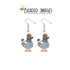 May include: A pair of beaded earrings featuring a gray and blue pigeon design. The earrings are silver and have a beaded drop with a gray and blue pigeon design.