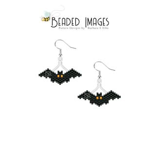 May include: A pair of beaded bat earrings with black bodies and orange eyes. The earrings have silver-coloured hooks and white beaded accents. The image includes the text "Beaded Images" and "Pattern Designs by Barbara E Elbe".