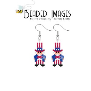 May include: A pair of beaded earrings featuring a pixelated Uncle Sam design in red, white, and blue. The earrings are attached to silver hooks.