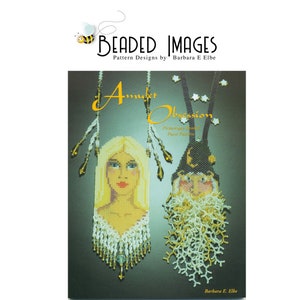 May include: Book cover for "Amulet Obsession: Picturesque Beaded Pure Patterns" by Barbara E. Elbe. The cover features two beaded necklaces, one with a woman's face and the other with a whimsical figure wearing a hat.