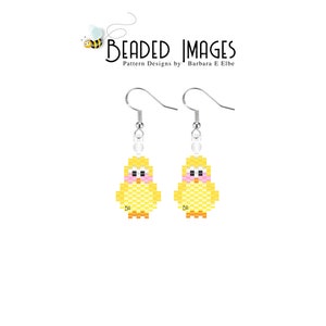 May include: A pair of yellow chick bead earrings with pink cheeks and orange feet. The earrings are hanging from silver hooks.