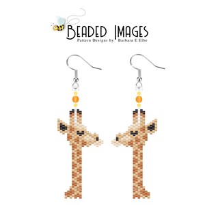 May include: A pair of beaded giraffe earrings with orange and yellow beads. The earrings are made with seed beads and have silver ear wires.