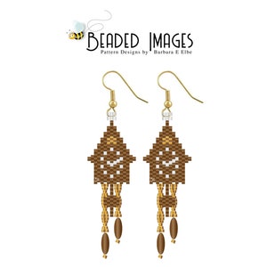 May include: Brown and gold beaded earrings shaped like a house with a white beaded roof and a gold beaded trim. The earrings have a gold hook and dangle from a brown and gold beaded chain.