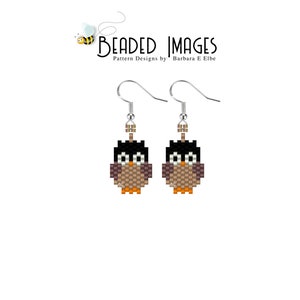 May include: Two beaded owl earrings. Each earring showcases a small, pixelated owl design in brown, black, and orange. The earrings have silver hooks and are set against a white backdrop. The text "Beaded Images" is visible.