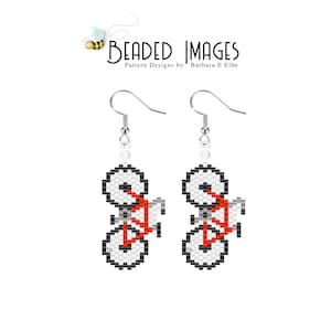 May include: A pair of silver beaded earrings with a white and red pixelated design of a bicycle. The earrings are hanging from silver hooks.
