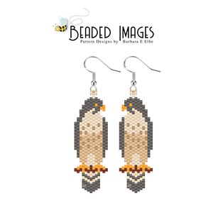 May include: A pair of beaded earrings featuring a detailed design of a hawk or falcon. The earrings are made with brown, beige, and orange beads and have silver hooks.