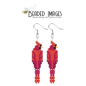 May include: A pair of beaded earrings featuring a cardinal bird design with red, orange, and white beads. The earrings are suspended from silver hooks.