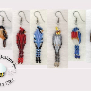 May include: Six pairs of beaded bird earrings. The birds are a cardinal, blue jay, cockatiel, robin, and two different types of sparrows. The earrings are all made with seed beads and have a silver hook.