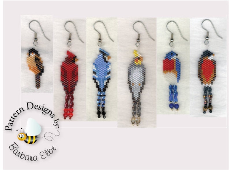 May include: Six pairs of beaded bird earrings. The birds are a cardinal, blue jay, cockatiel, robin, and two different types of sparrows. The earrings are all made with seed beads and have a silver hook.