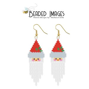 May include: A pair of beaded earrings featuring a Santa Claus design. The earrings are made with white, red, and green beads and have a gold hook.