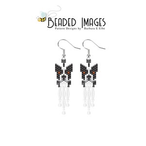 May include: Two beaded earrings with a Boston Terrier dog design. The earrings are black, white, and brown, with a fringe of white beads. They hang from silver-coloured hooks. The logo "Beaded Images" is in the upper left corner of the image.