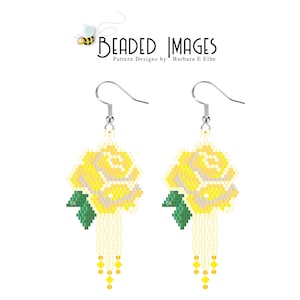 May include: A pair of yellow beaded earrings with a rose design and a dangling fringe of beads. The earrings are made with seed beads and feature a green leaf detail.