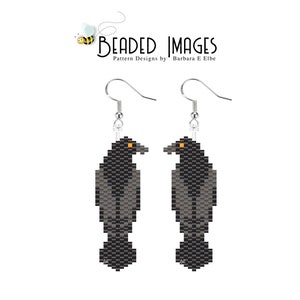 May include: A pair of beaded earrings featuring black and grey crows. The earrings are made with seed beads and have silver hooks.