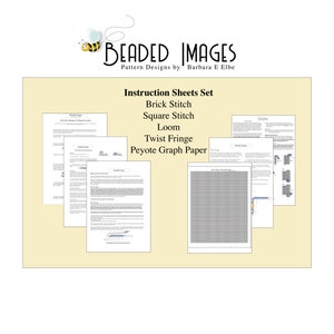 May include: A set of instruction sheets for beading projects. The sheets include instructions for brick stitch, square stitch, loom, twist fringe, and peyote graph paper.
