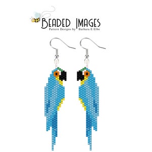 May include: A pair of beaded earrings featuring a blue and yellow parrot design. The earrings are made with small beads and have silver hooks.
