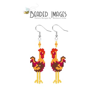 May include: A pair of beaded rooster earrings with orange, red, and brown beads. The earrings are hanging from silver hooks.