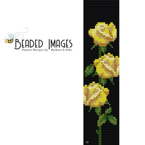 May include: Beaded image pattern design for a yellow rose with green leaves on a black background. The design is by Barbara E Elbe.
