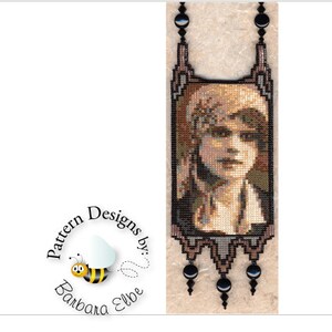 May include: A beaded necklace with a portrait of a woman in a brown and black frame. The necklace has a fringe and black beads at the bottom. The image is surrounded by a circle with the text "Pattern Designs by: Barbara Elbe" and a cartoon bee.