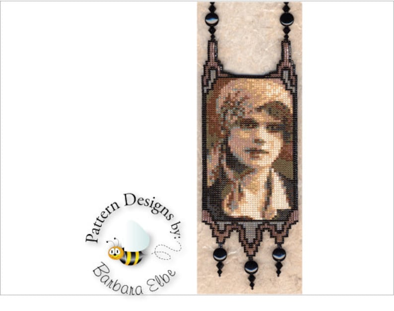 May include: A beaded necklace with a portrait of a woman in a brown and black frame. The necklace has a fringe and black beads at the bottom. The image is surrounded by a circle with the text "Pattern Designs by: Barbara Elbe" and a cartoon bee.