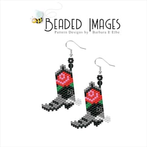May include: A pair of beaded earrings featuring a black boot with a red rose design. The earrings are silver and have a beaded drop.