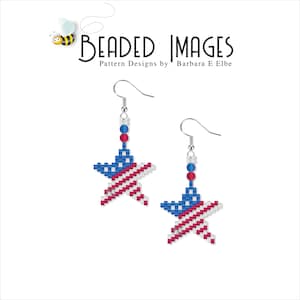 May include: A pair of beaded earrings featuring a star-shaped design with red, white, and blue beads, resembling the American flag.