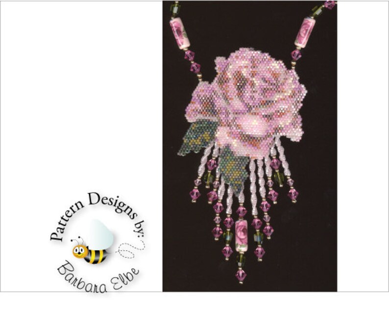 May include: A pink beaded rose necklace with a green beaded stem and leaves. The necklace has a beaded fringe with pink and green beads.