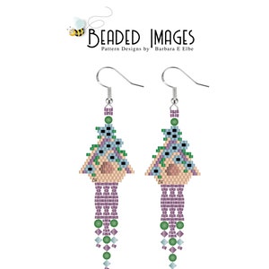 May include: A pair of beaded earrings featuring a small house design with blue and green flowers, and a long purple and green beaded fringe.