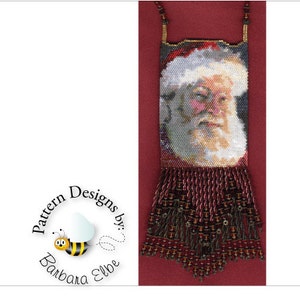 May include: A beaded Christmas ornament featuring a portrait of Santa Claus with a red and white hat and a white beard. The ornament has a fringe of red and brown beads.