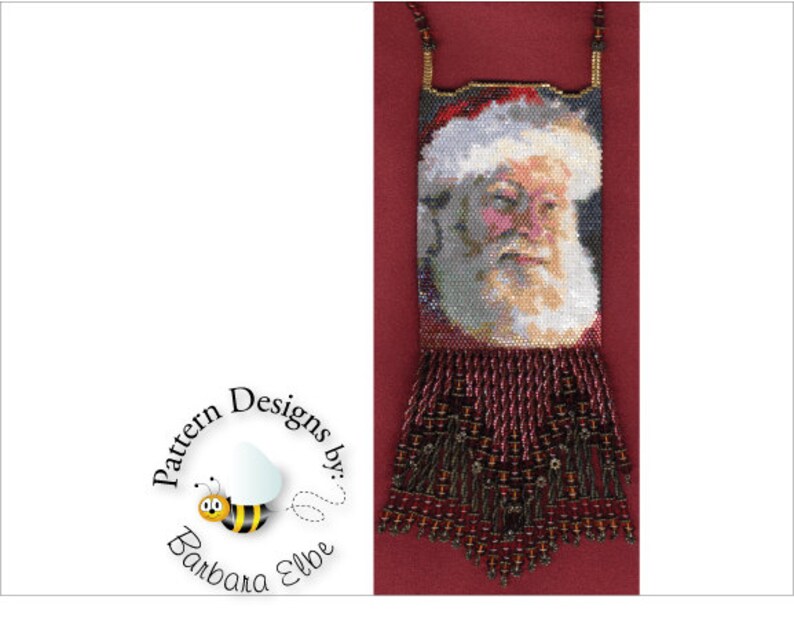 May include: A beaded Christmas ornament featuring a portrait of Santa Claus with a red and white hat and a white beard. The ornament has a fringe of red and brown beads.