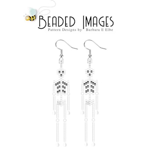 May include: Two beaded skeleton earrings with silver hooks. The skeletons are white with black detailing, including the rib cage and skull. The earrings are from "Beaded Images" by Barbara E Elbe.