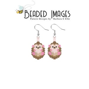 May include: A pair of beaded earrings featuring a brown and pink hedgehog design. The earrings are made with small beads and have silver hooks.