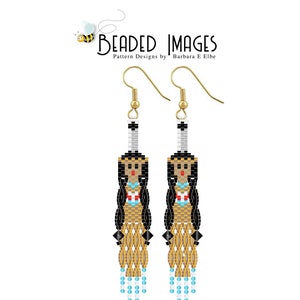 Pode incluir: Um par de brincos de contas com um design de mulher nativa americana. Os brincos são dourados, brancos, pretos, vermelhos e azuis. Os brincos medem aproximadamente 5 cm de comprimento.