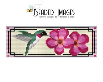 May include: A beaded cross stitch pattern featuring a green hummingbird with a long beak, hovering near two pink flowers with yellow centers. The pattern is framed with a black and white border.