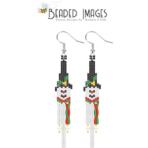 May include: A pair of beaded snowman earrings. Each earring features a snowman design with a black top hat, a white face, and a red and green scarf. The earrings have silver-colored hooks and white beaded fringe.