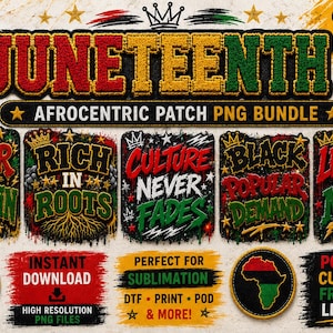 Puede incluir: Un paquete de arte digital con diseños temáticos de Juneteenth. La imagen incluye el texto "Juneteenth" y "Afrocentric Patch PNG Bundle". Otros diseños presentan frases como "Power in the Melanin" y "Culture Never Fades".