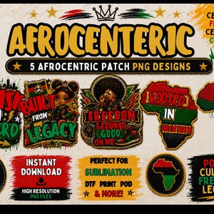 Può includere: Design di patch PNG afrocentrici con testi come "No Risk No Reward", "Built From Legacy" e "Freedom Looks Good On Me". I design presentano illustrazioni, il continente africano e il testo "Power, Culture, Freedom, Legacy".