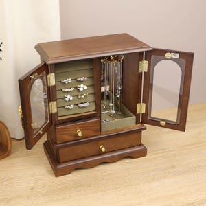 Joyero/caja de madera para guardar joyas/caja de exhibición de joyas de nogal/joyero con ventana arqueada/regalo de aniversario