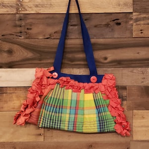 Shoulder bag, handbag, womens bag, OOAK bag,  vintage ribbon bag with vintage plaid fabric, red plaid bag