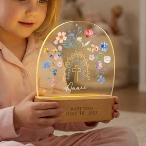 Personalized Baptism Gift for Kids, Custom Baby Night Light, Cross Flower Night Light Gift for Goddaughter,Christening Gift, Dedicated Gift