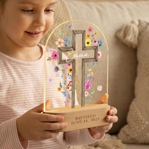 Personalized Cross Flower Night Light, Baptism Gift for Kids Christening Night Light for Girl First Baptism Gift for Goddaughter, Home Decor