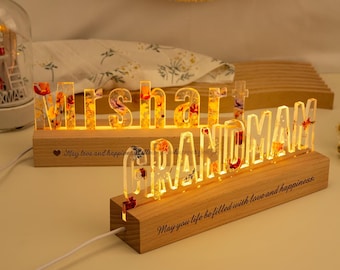 Personalized Letter Night Light with Flower, Colorful Flower Name Lamp, Initial Name Nightlight with Engraved Base, Birthday Gift for Friend