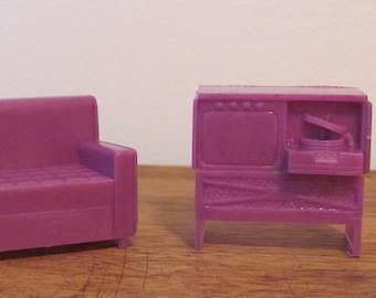 1950's Vintage Miniature Purple Plastic Living room couch and TV record player combo  Furniture for Doll's House or Assemblage