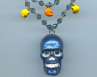 Smiling Skull Necklace With Charming Pendant Mixed Media Jewelry  Free Shipping!