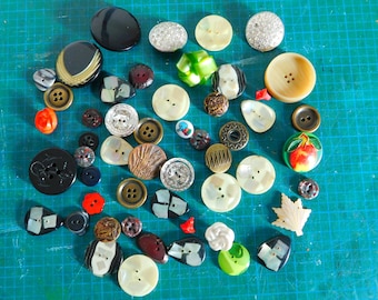 Destash Collection of 52 Mostly Vintage Buttons for Repurpose or Jewelry Making or Assemblage