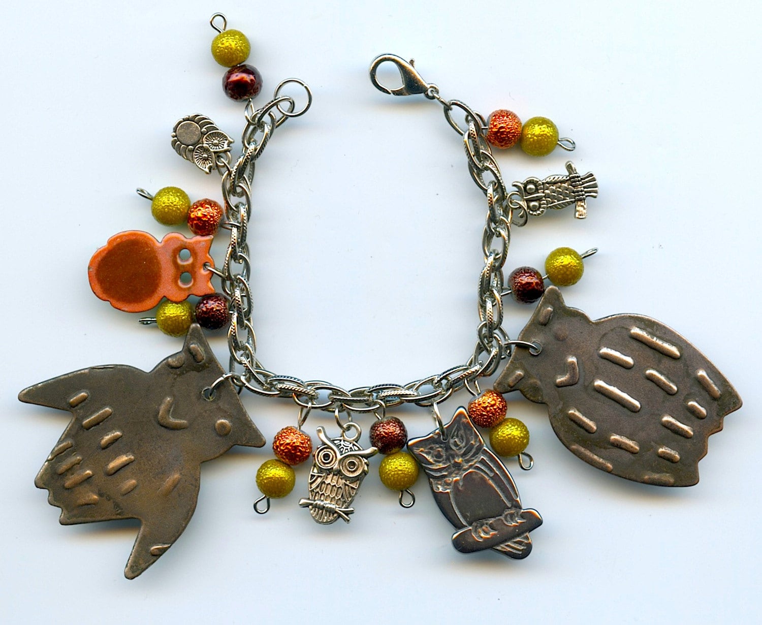 Owl Charm Bracelet Made With Flea Market Treasures and two tin owls
