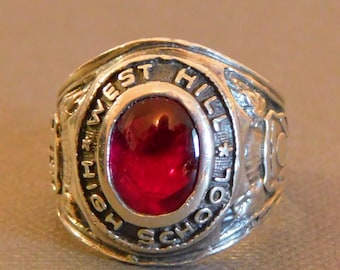 Vintage 1965 High School Silver Ring With Red Stone West Hill High School Montreal size 6