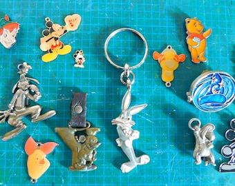 Vintage Lot of 14 Disney Cartoon Characters Pins Keychains Charms